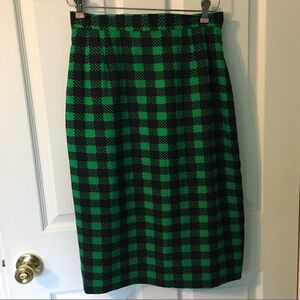 Vintage 80s Silk Skirt Green Black Checked Plaid